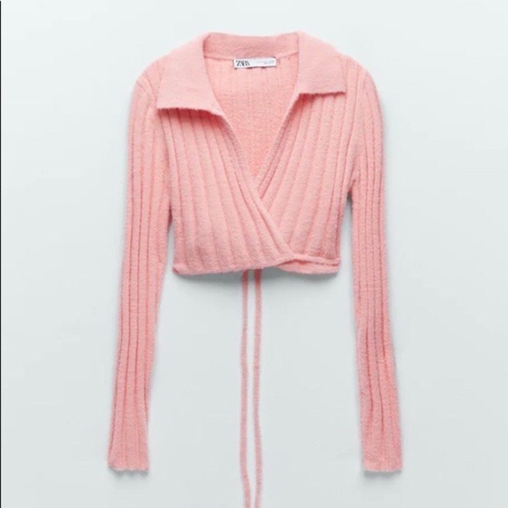 zara new tied knit cardigan wrap sweater stretchy lapel pink size small